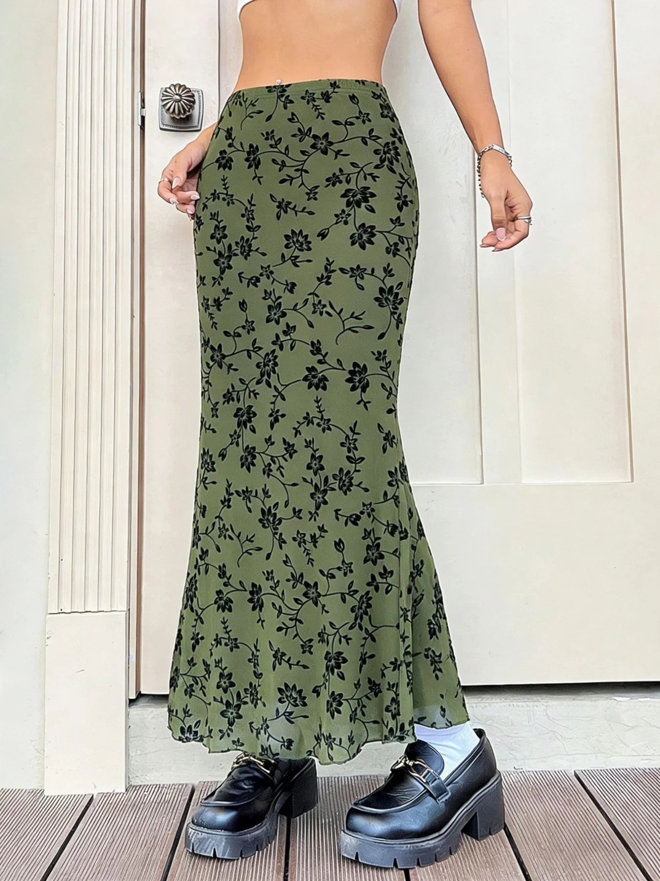 Floral Print Mermaid Maxi Skirt
