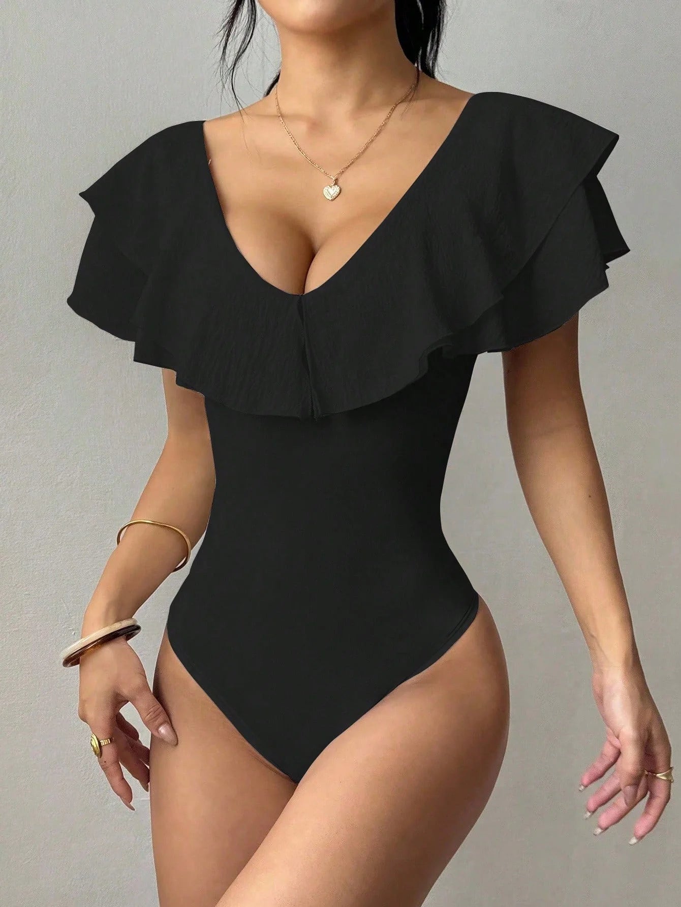 Women's Ruffle Trim Deep V-Neck Bodysuit