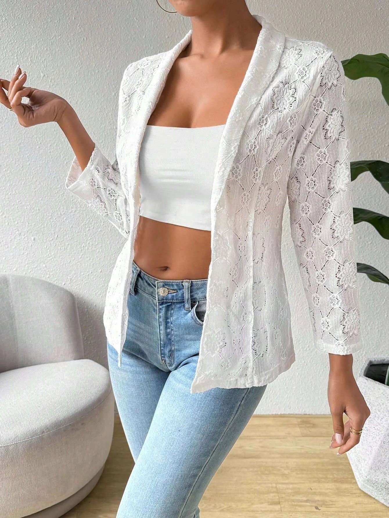 White Lace Open-Front Blazer