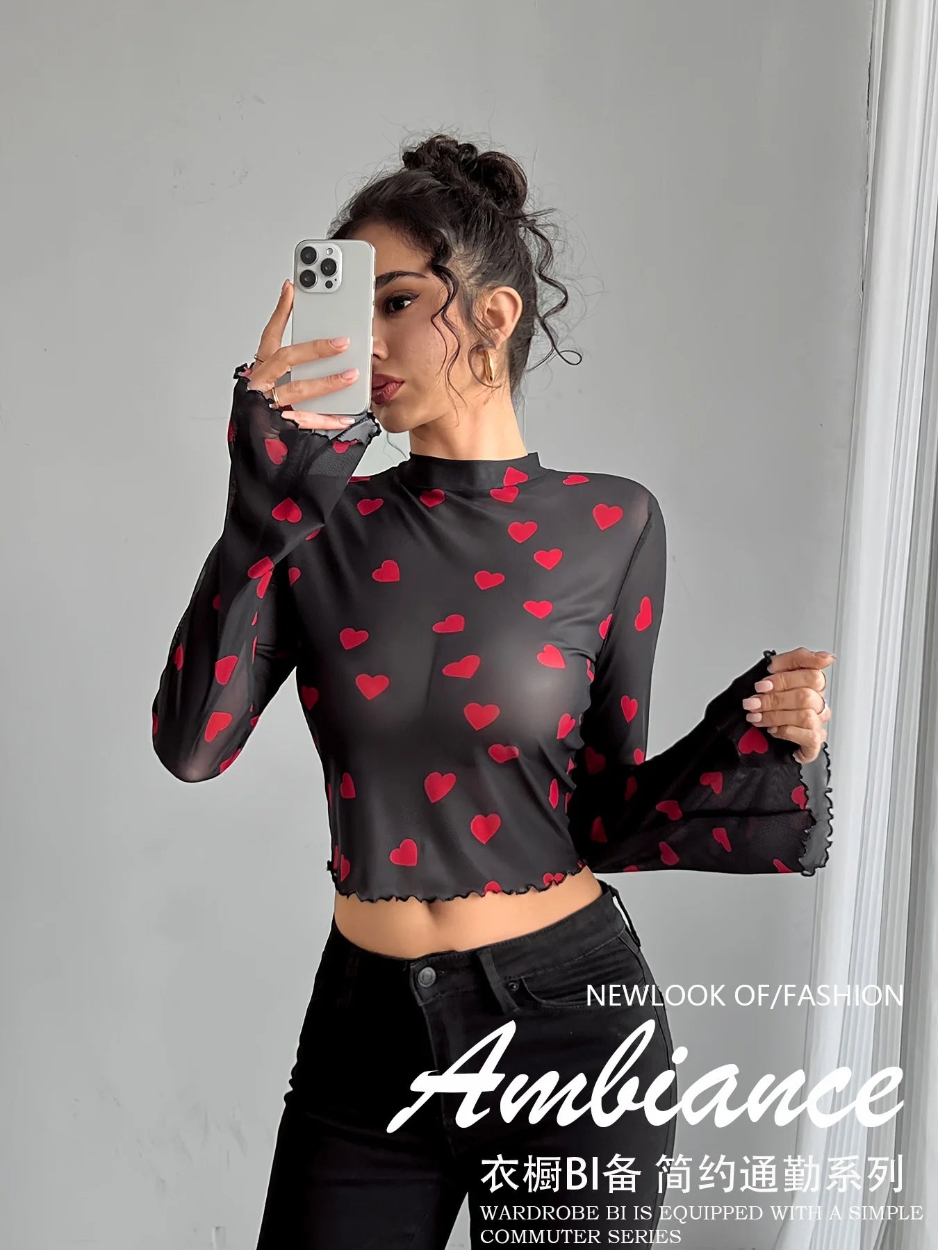 Paisley Mesh Bell Sleeve Crop Top