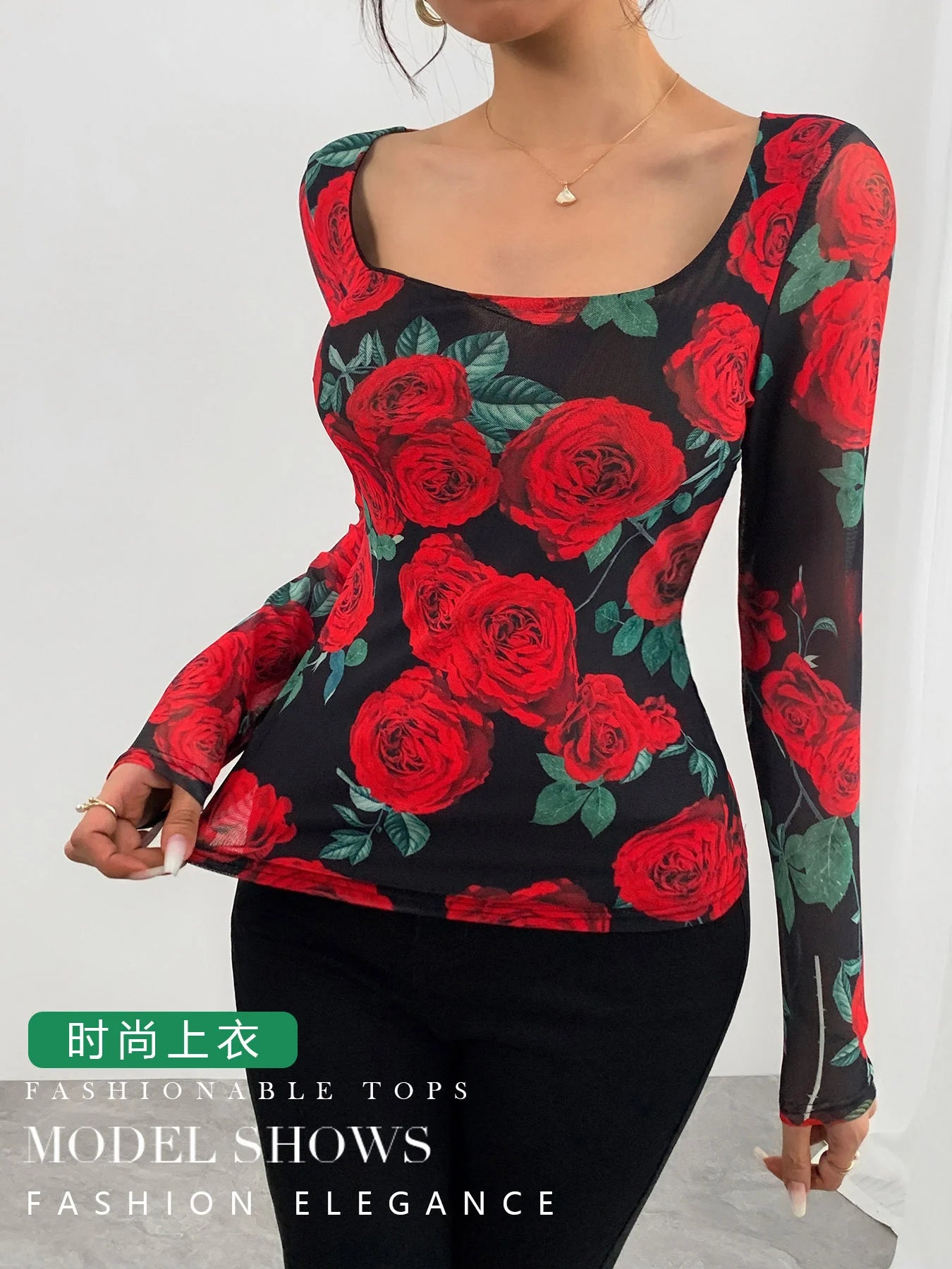 Rose Print Mesh Top