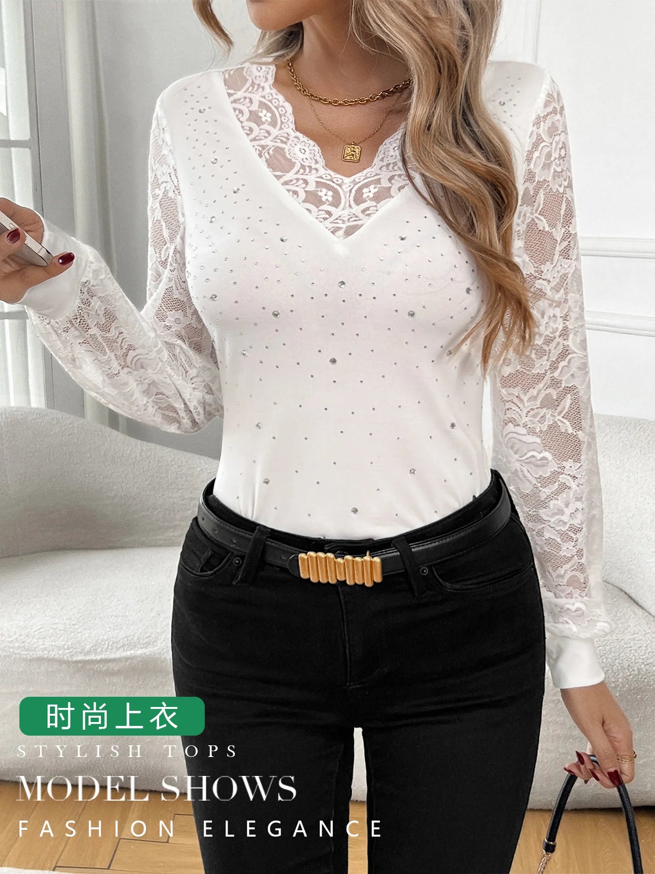 Lace Sleeve Rhinestone Top