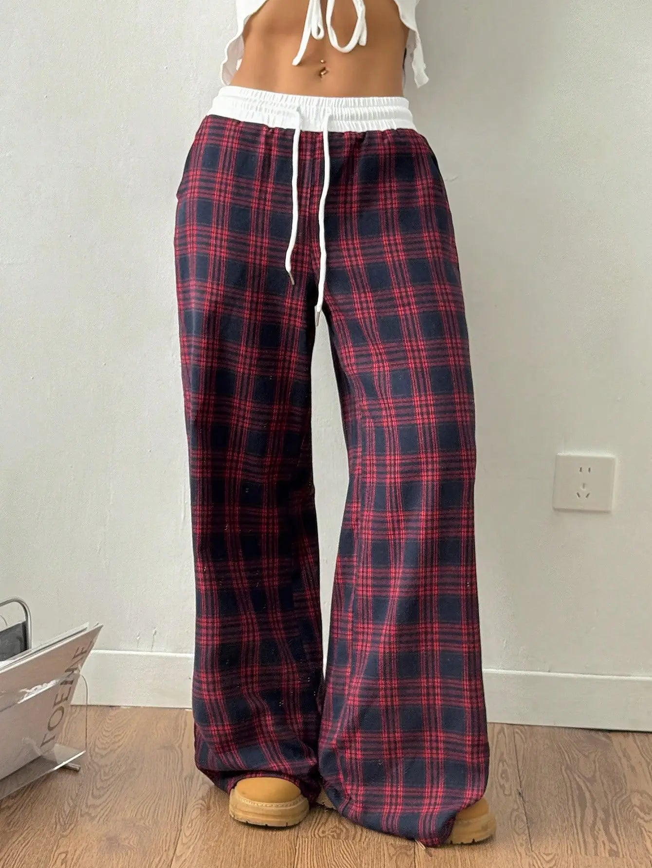 Women's Plaid Drawstring Wide-Leg Lounge Pants
