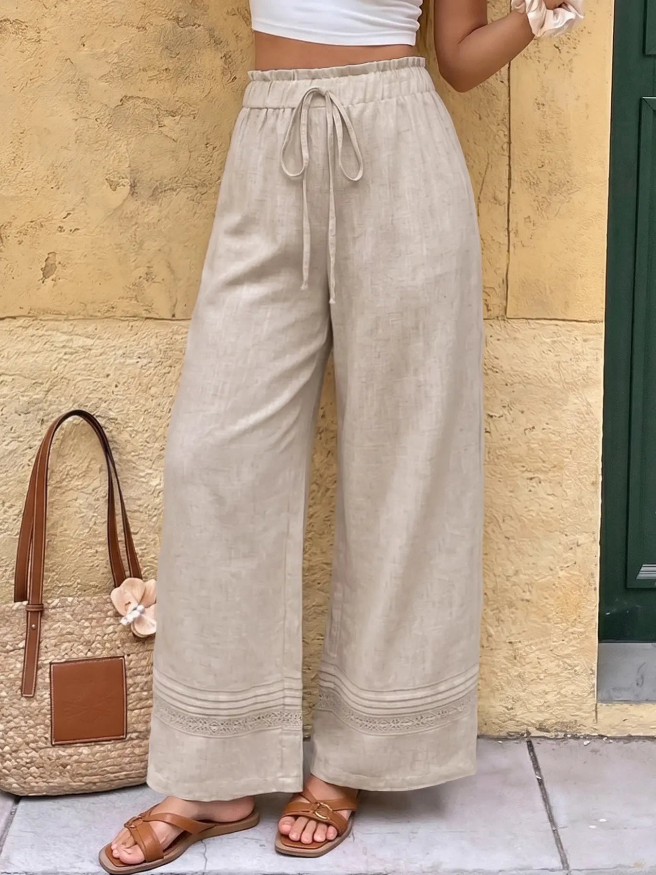 Lace Hem Wide-Leg Pants