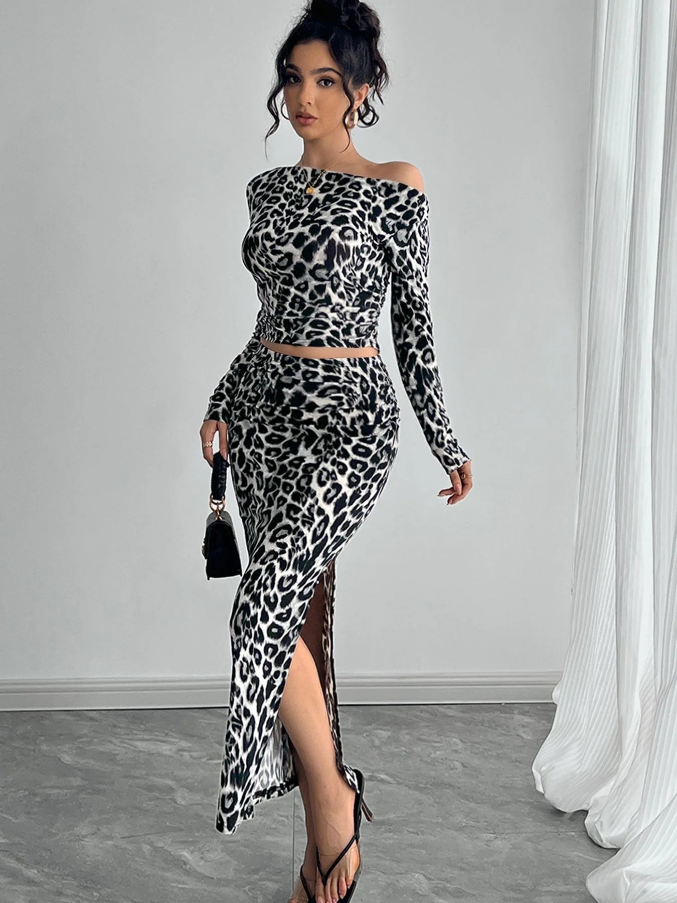 Leopard Print High-Slit Midi Skirt