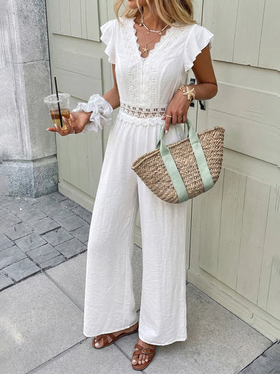 Lace Trim Flutter Sleeve Wide-Leg Jumpsuit