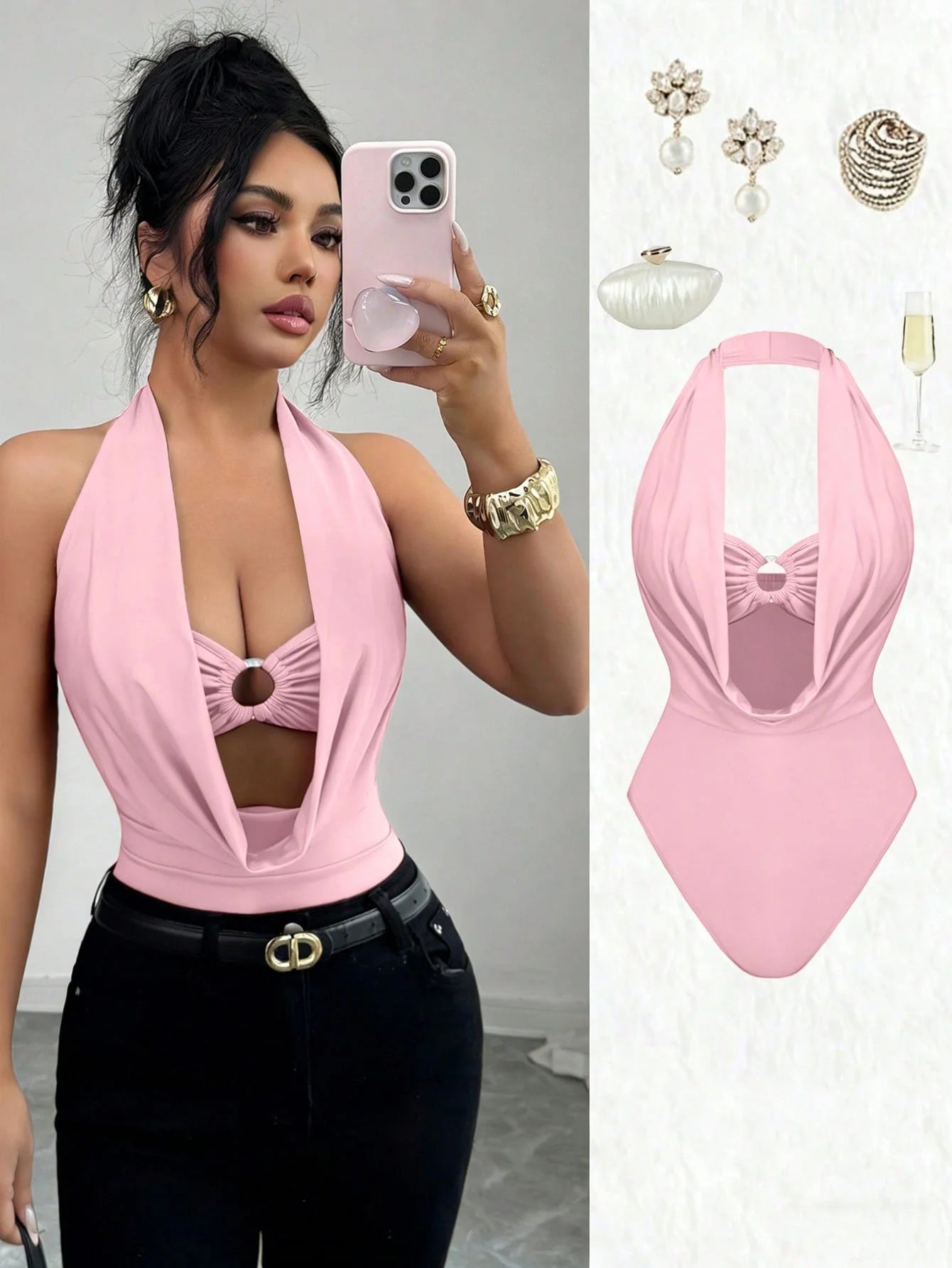 Women's Plunge Halter Neck Cut-Out Bodysuit
