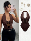 Women's Plunge Halter Neck Cut-Out Bodysuit