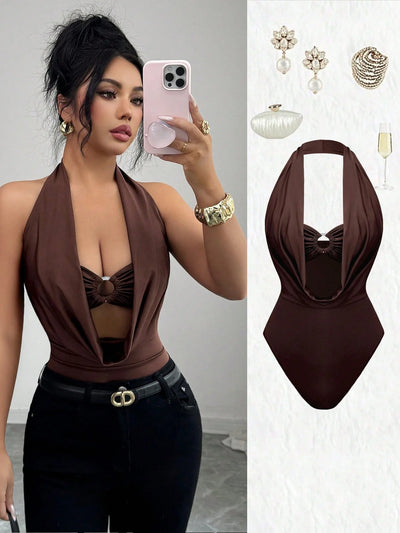 Women's Plunge Halter Neck Cut-Out Bodysuit