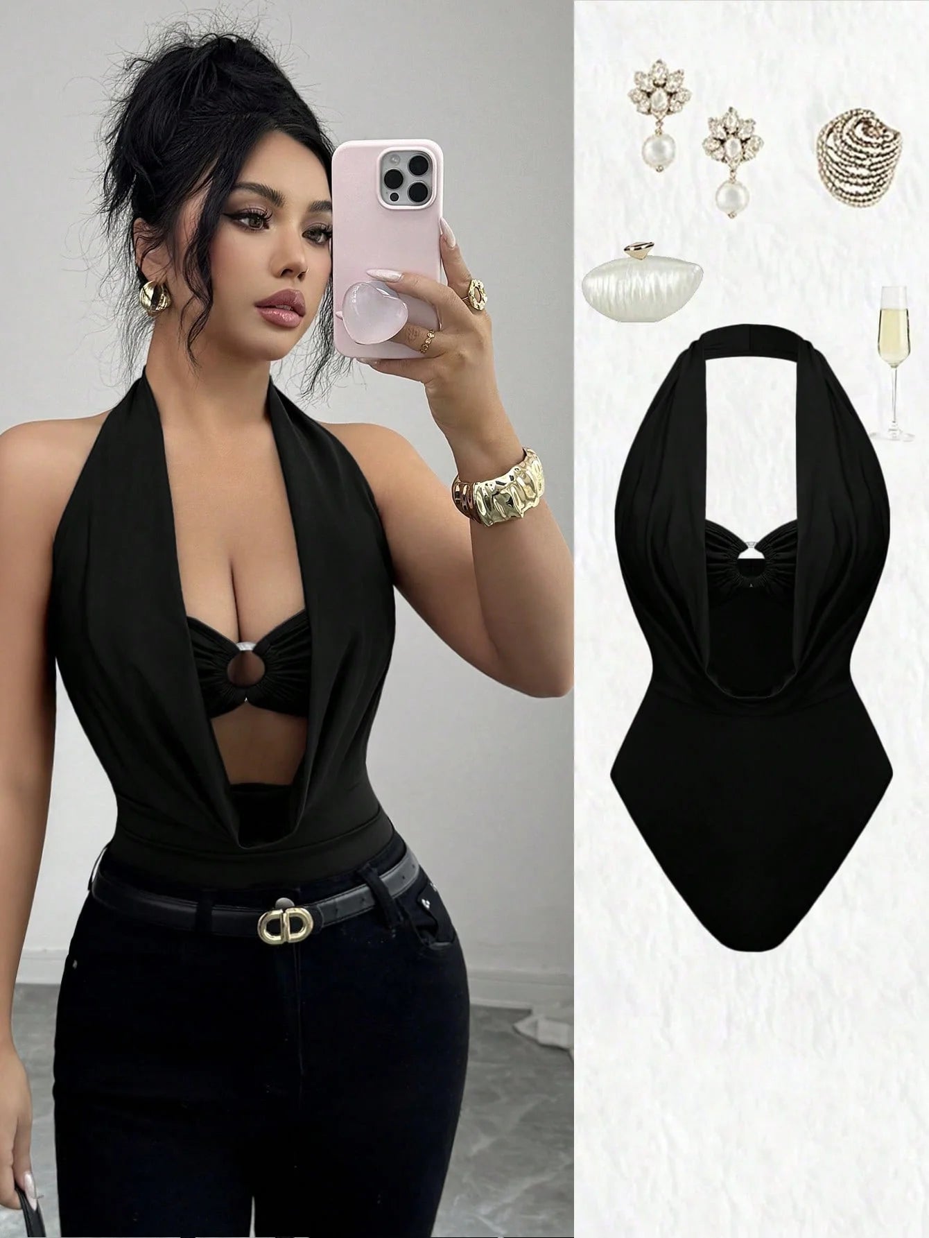Women's Plunge Halter Neck Cut-Out Bodysuit