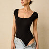 Black Ribbed Square Neck Cap Sleeve Bodysuit