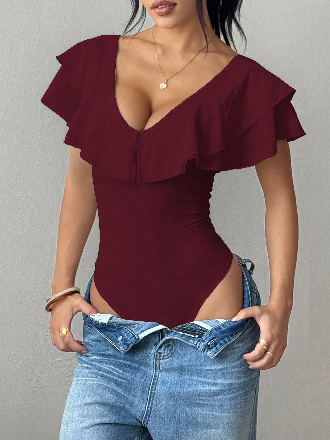 Women's Ruffle Trim Deep V-Neck Bodysuit