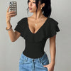 Women's Ruffle Trim Deep V-Neck Bodysuit