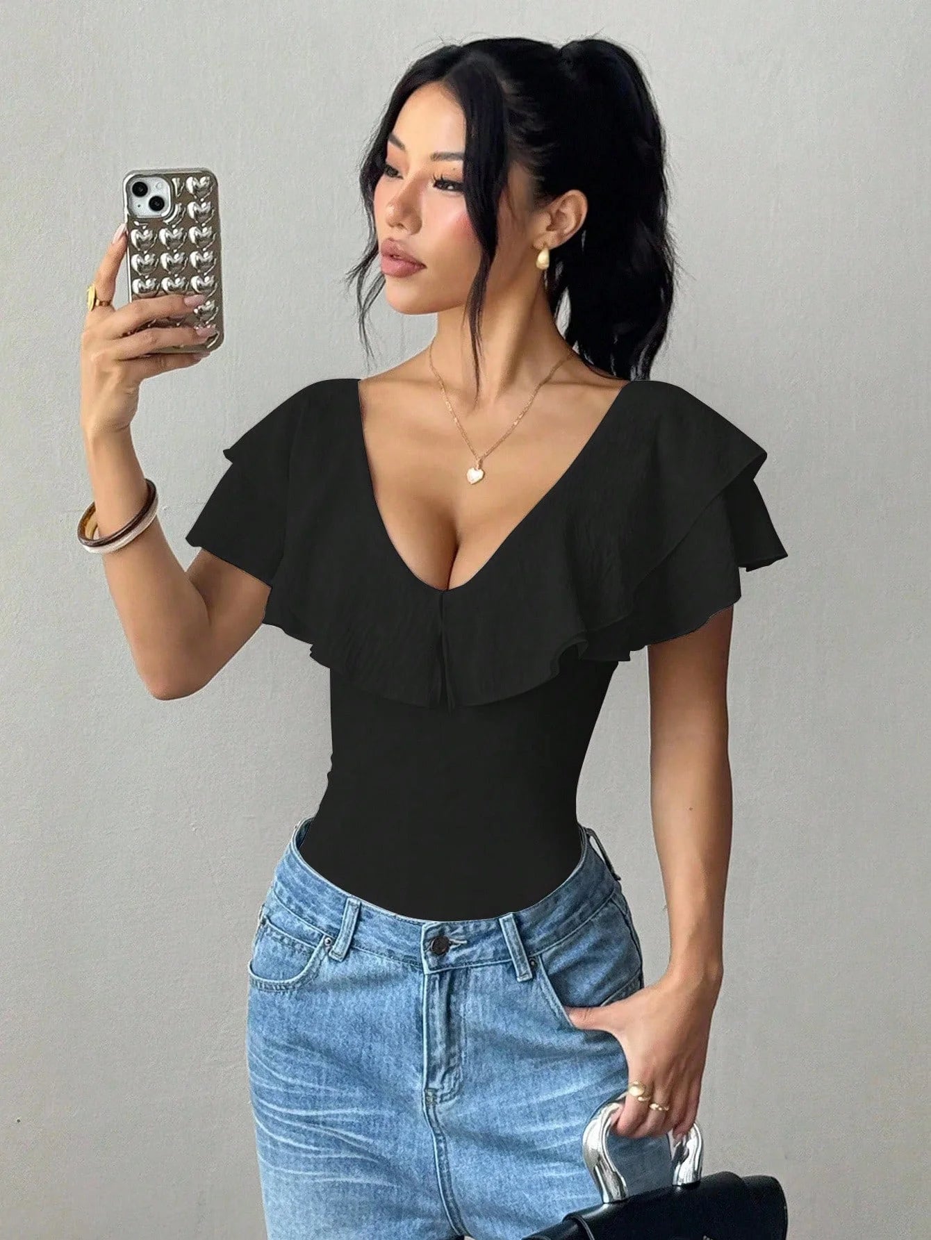 Women's Ruffle Trim Deep V-Neck Bodysuit