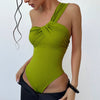 Green Ribbed One-Shoulder Twist Front Bodysuit