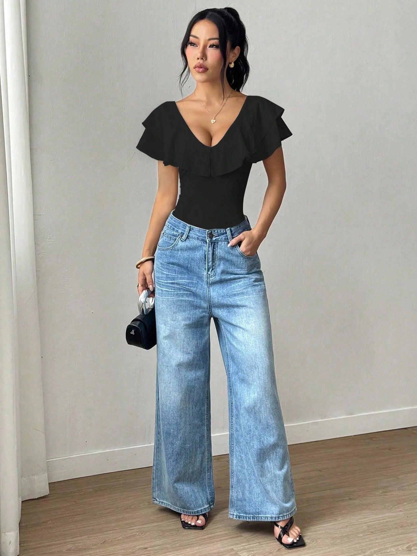 Women's Ruffle Trim Deep V-Neck Bodysuit