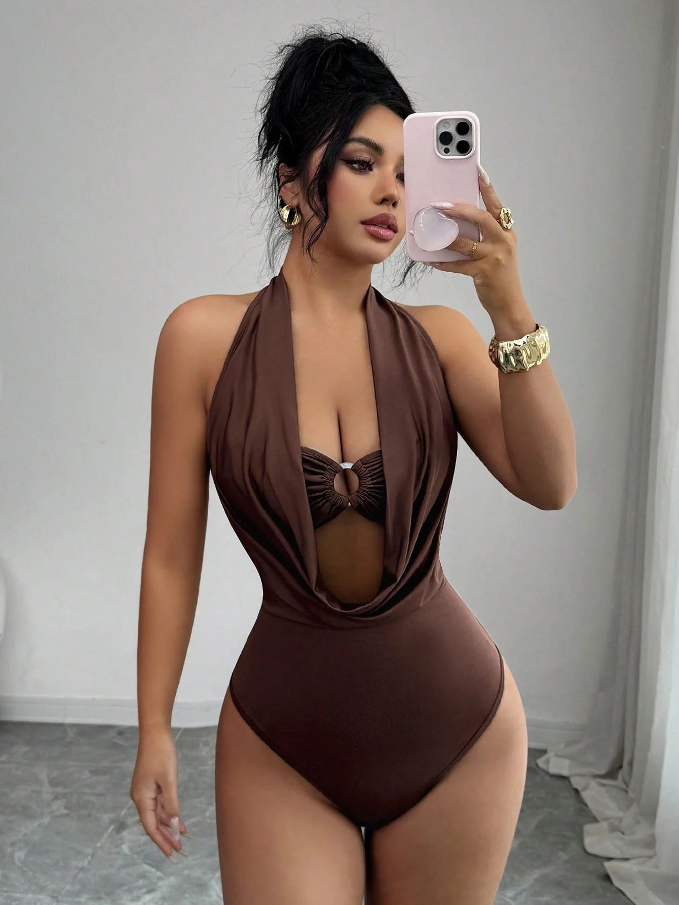 Women's Plunge Halter Neck Cut-Out Bodysuit