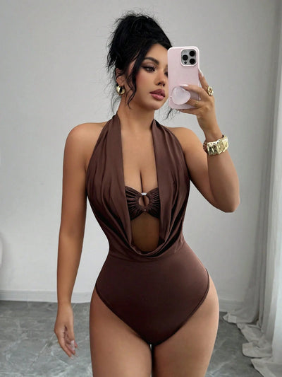 Women's Plunge Halter Neck Cut-Out Bodysuit