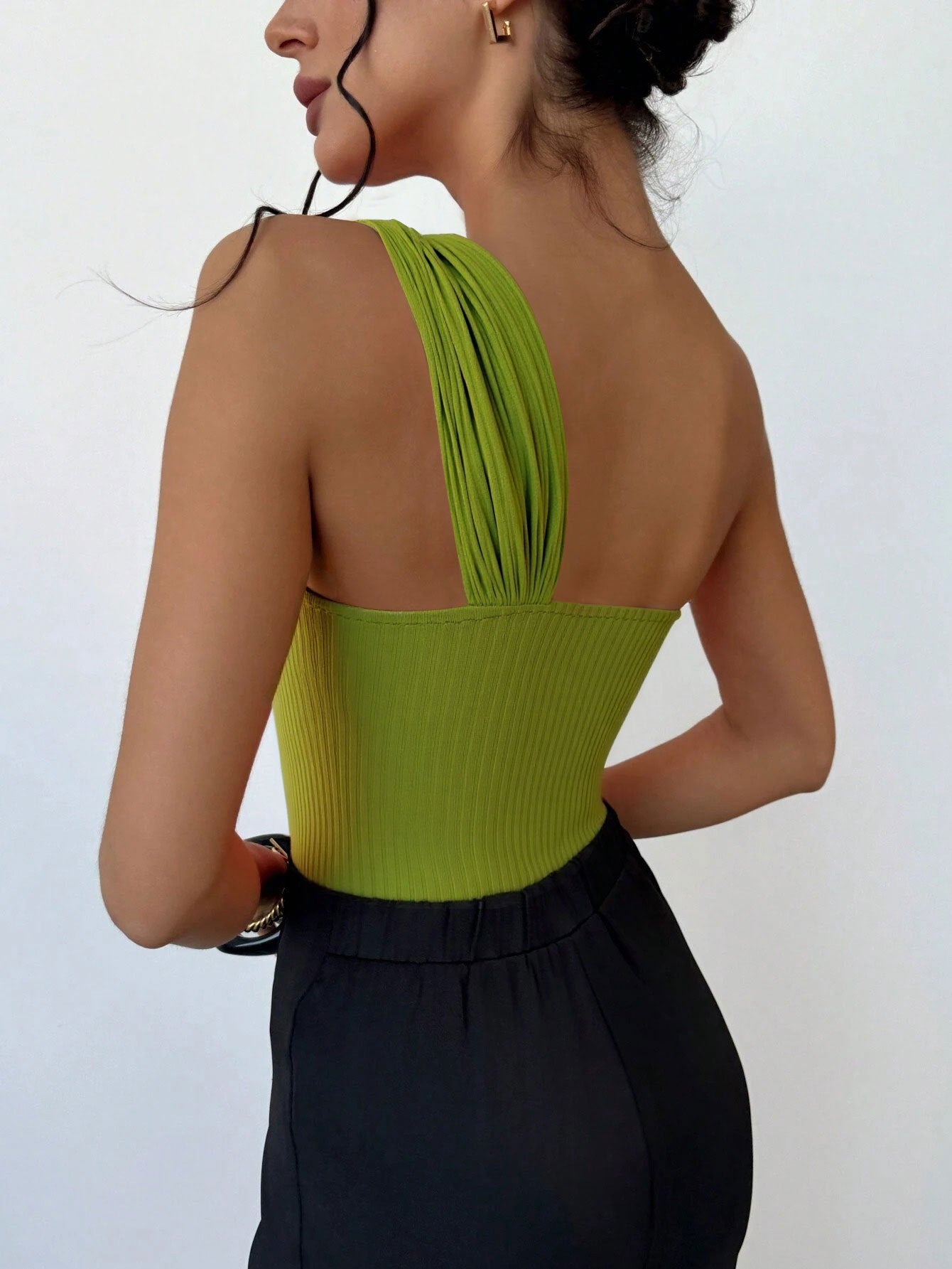 Green Ribbed One-Shoulder Twist Front Bodysuit