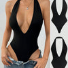 Black Plunge Halter Neck Backless Bodysuit