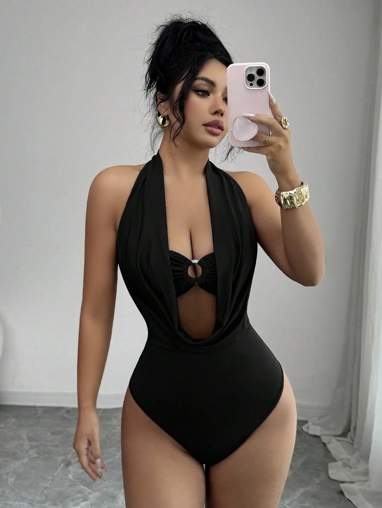 Women's Plunge Halter Neck Cut-Out Bodysuit
