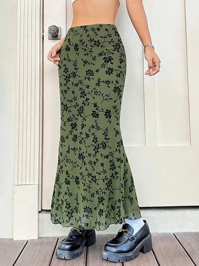 Floral Print Mermaid Maxi Skirt