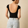 Black Ribbed Square Neck Cap Sleeve Bodysuit