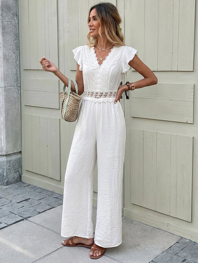 Lace Trim Flutter Sleeve Wide-Leg Jumpsuit