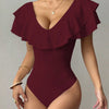 Women's Ruffle Trim Deep V-Neck Bodysuit