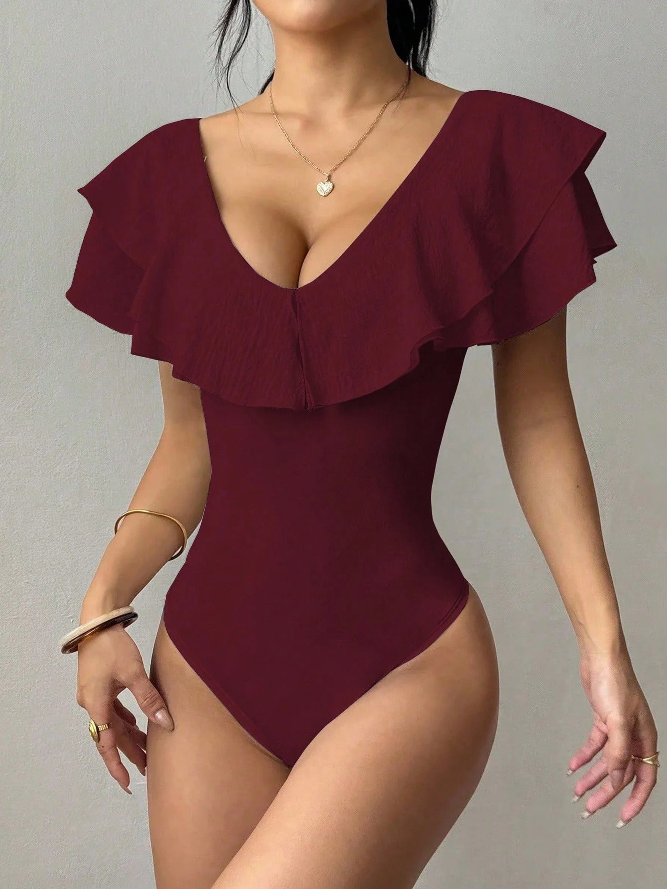 Women's Ruffle Trim Deep V-Neck Bodysuit