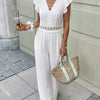 Lace Trim Flutter Sleeve Wide-Leg Jumpsuit