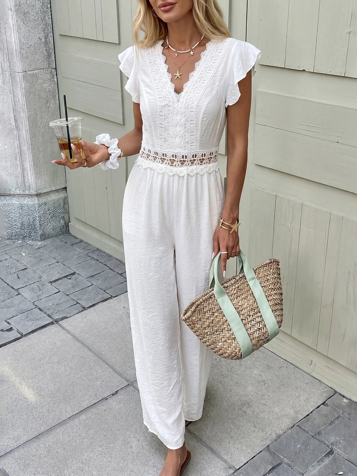 Lace Trim Flutter Sleeve Wide-Leg Jumpsuit