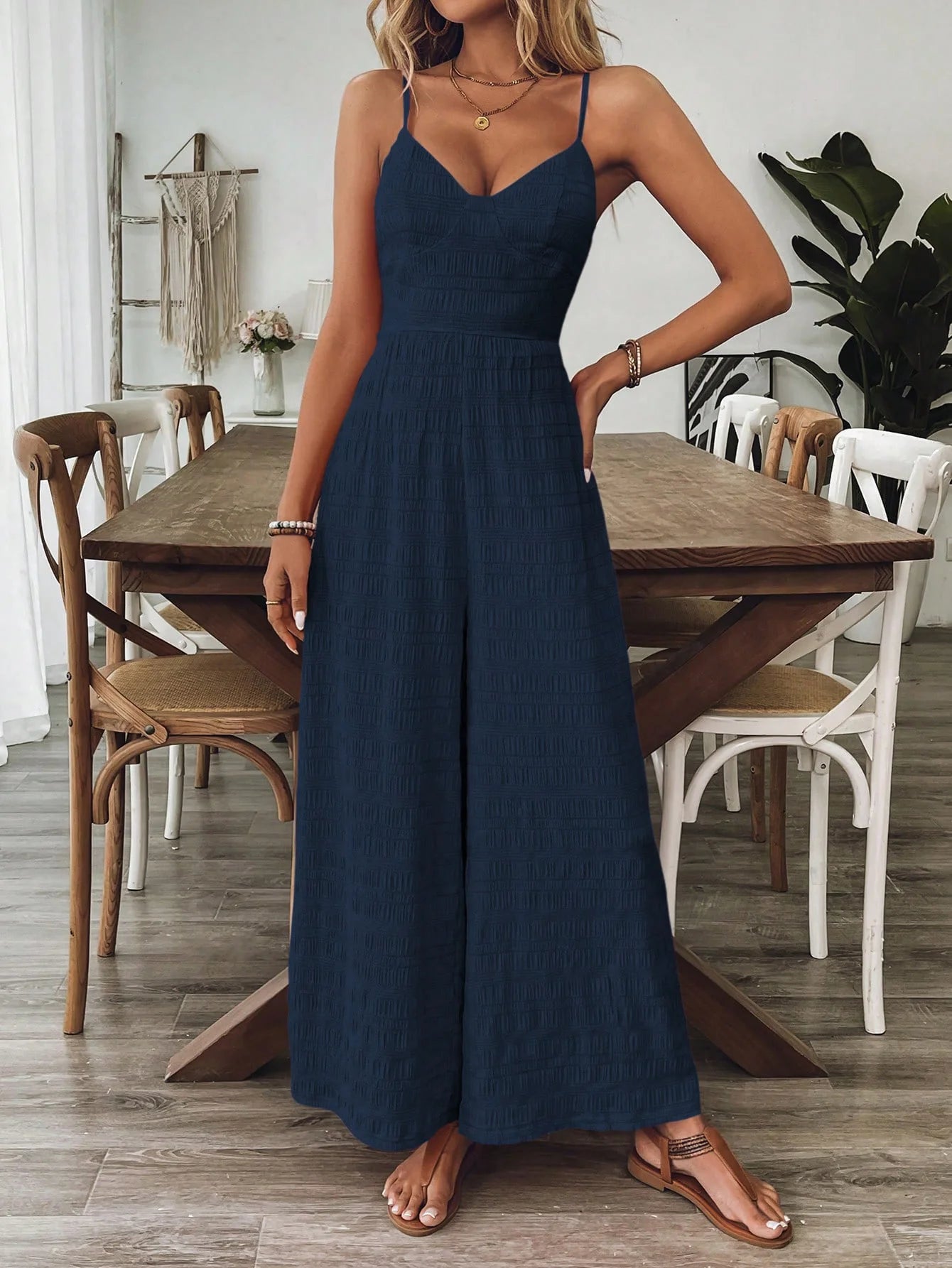 Textured Wide-Leg Cami Jumpsuit