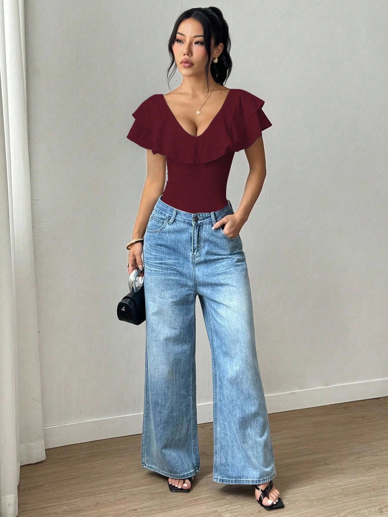 Women's Ruffle Trim Deep V-Neck Bodysuit