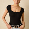 Black Ribbed Square Neck Cap Sleeve Bodysuit
