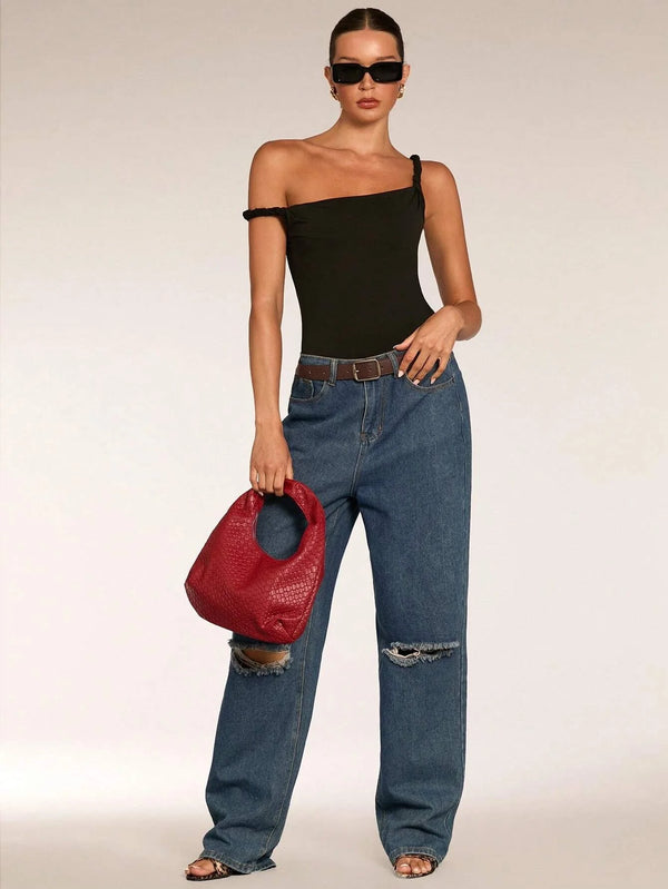 Women's One-Shoulder Twist Strap Bodysuit