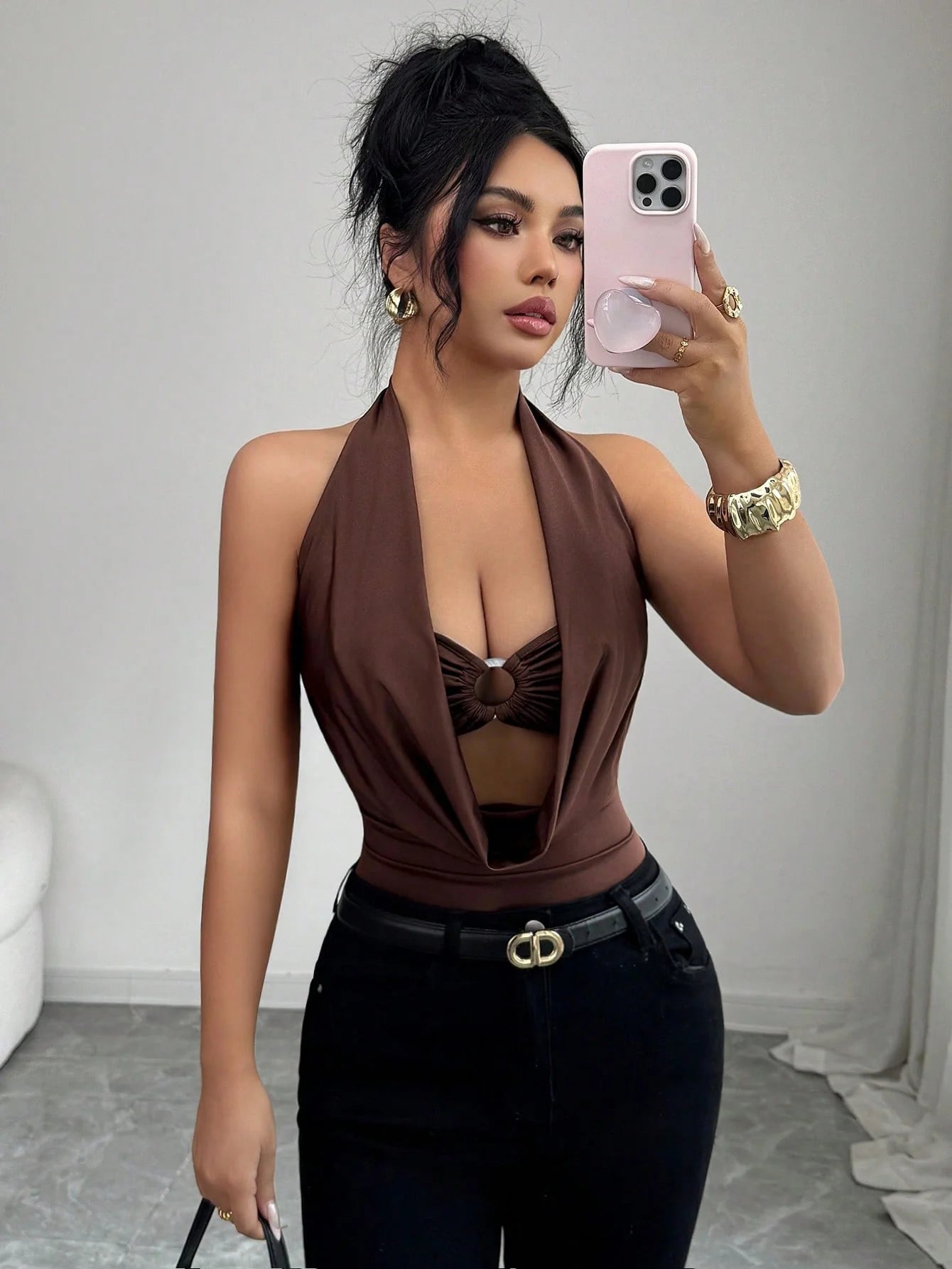 Women's Plunge Halter Neck Cut-Out Bodysuit