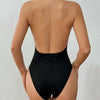 Black Plunge Halter Neck Backless Bodysuit