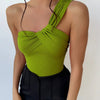 Green Ribbed One-Shoulder Twist Front Bodysuit