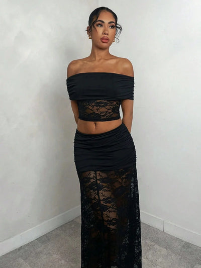 Women's Ruched Lace Panel Maxi Skirt