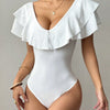 Women's Ruffle Trim Deep V-Neck Bodysuit