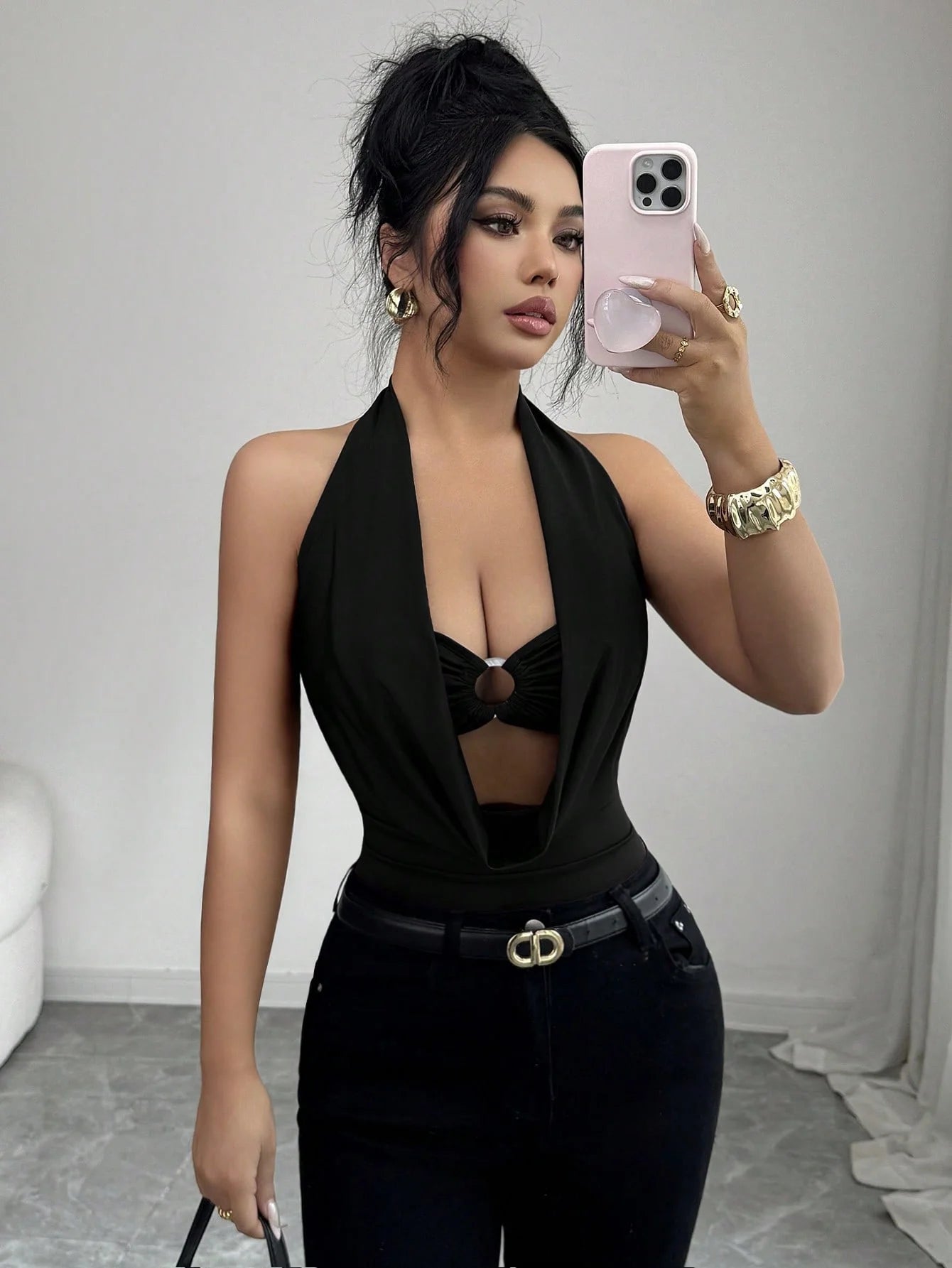 Women's Plunge Halter Neck Cut-Out Bodysuit