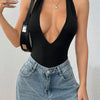 Black Plunge Halter Neck Backless Bodysuit