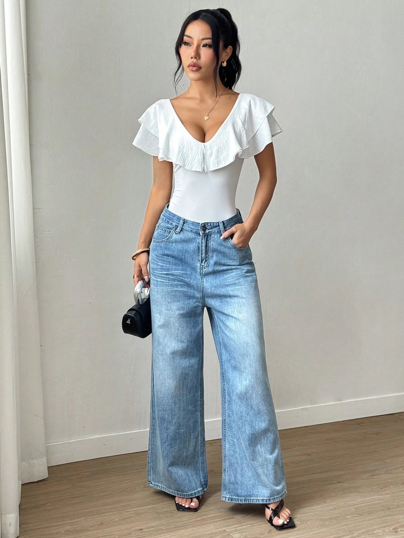 Women's Ruffle Trim Deep V-Neck Bodysuit