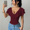 Women's Ruffle Trim Deep V-Neck Bodysuit