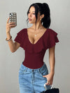 Women's Ruffle Trim Deep V-Neck Bodysuit