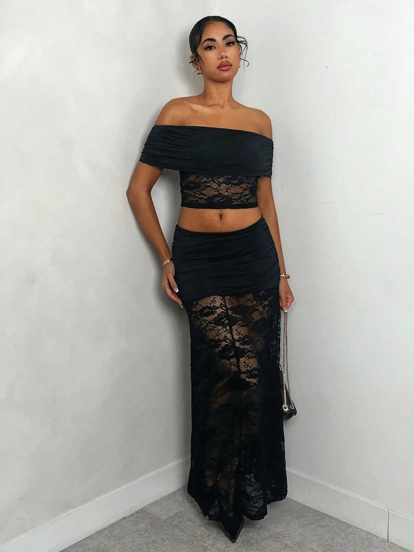 Women's Ruched Lace Panel Maxi Skirt