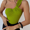 Green Ribbed One-Shoulder Twist Front Bodysuit