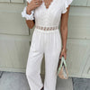 Lace Trim Flutter Sleeve Wide-Leg Jumpsuit