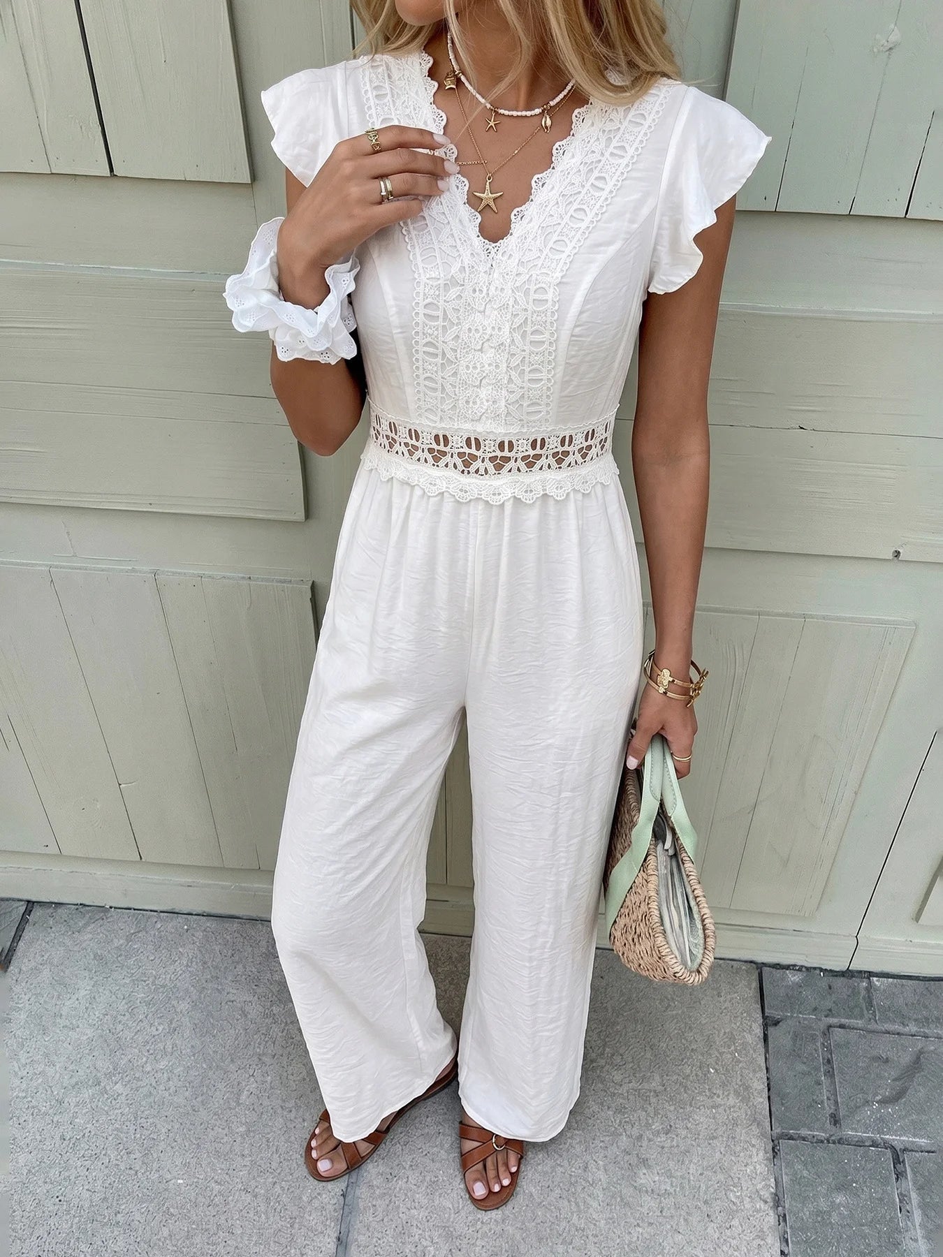 Lace Trim Flutter Sleeve Wide-Leg Jumpsuit